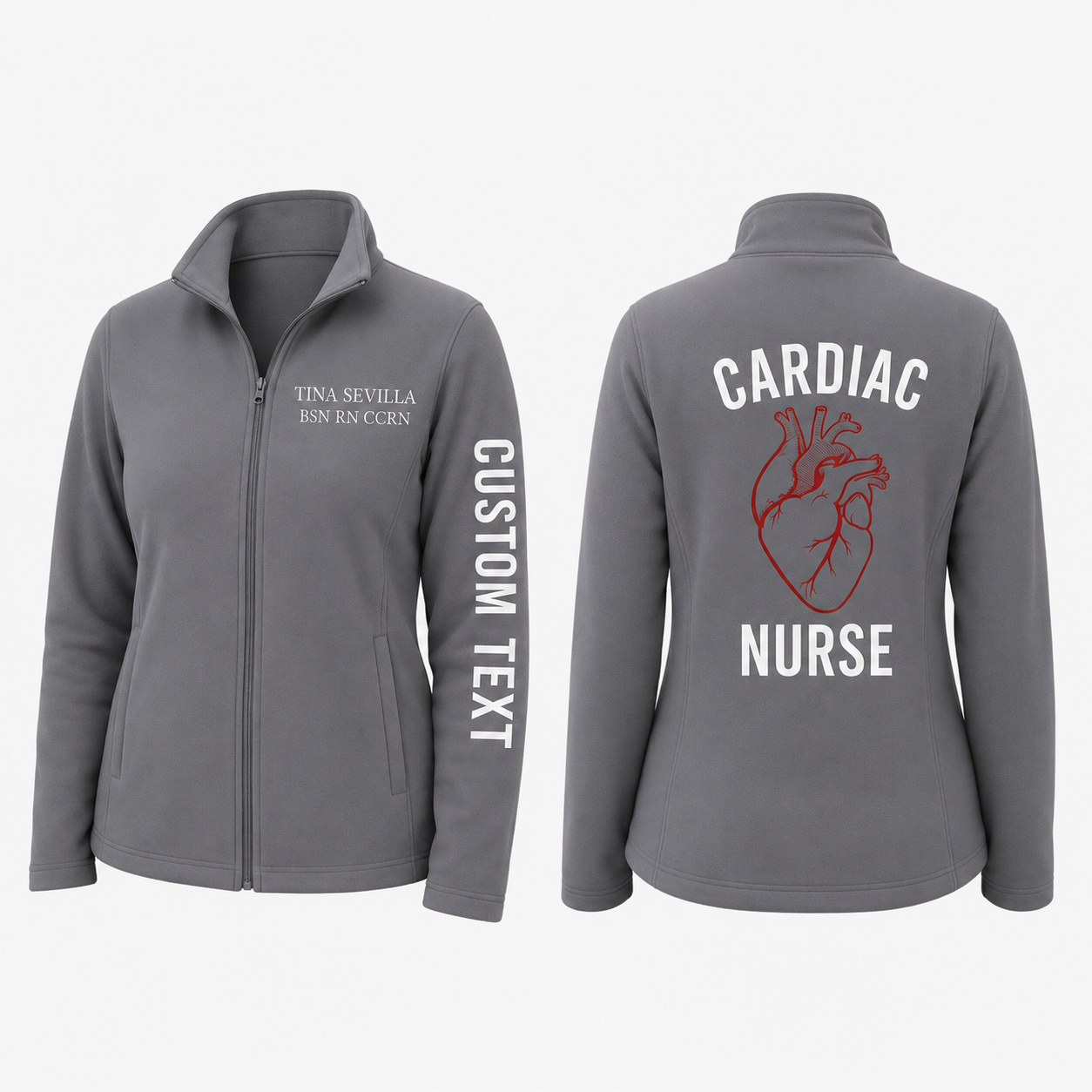 Custom Cardiac Nurse Embroidered Fleece Jacket | Personalized Cardiac RN Anatomical Zip-Up