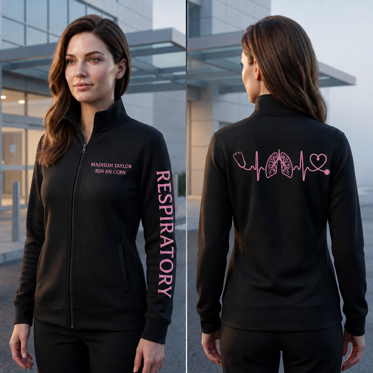 Custom Respiratory Therapist Embroidered Fleece Jacket | Personalized RT Pink Zip-Up