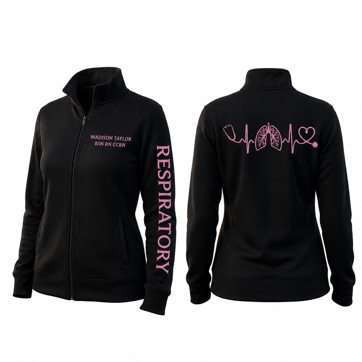 Custom Respiratory Therapist Embroidered Fleece Jacket | Personalized RT Pink Zip-Up