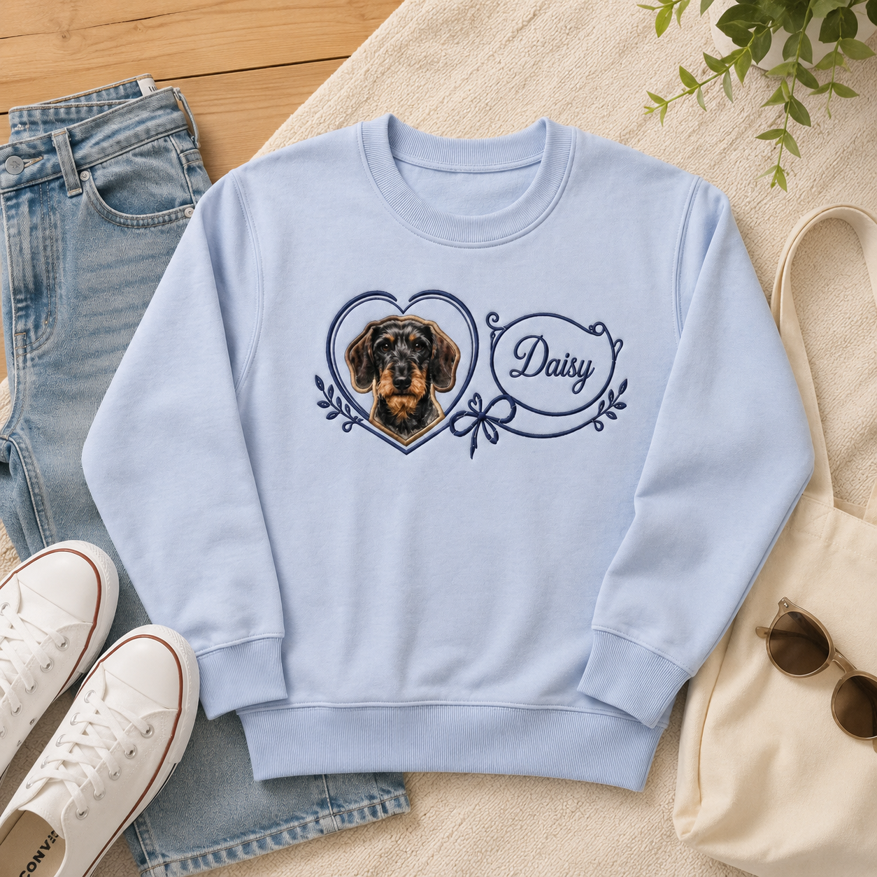 Custom Dachshund Applique Embroidered Sweatshirt | Personalized Pet Portrait Heart Wreath Name Crewneck