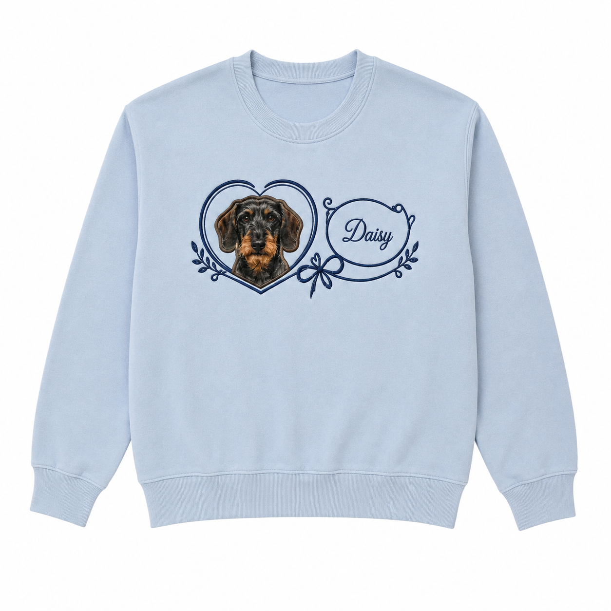 Custom Dachshund Applique Embroidered Sweatshirt | Personalized Pet Portrait Heart Wreath Name Crewneck