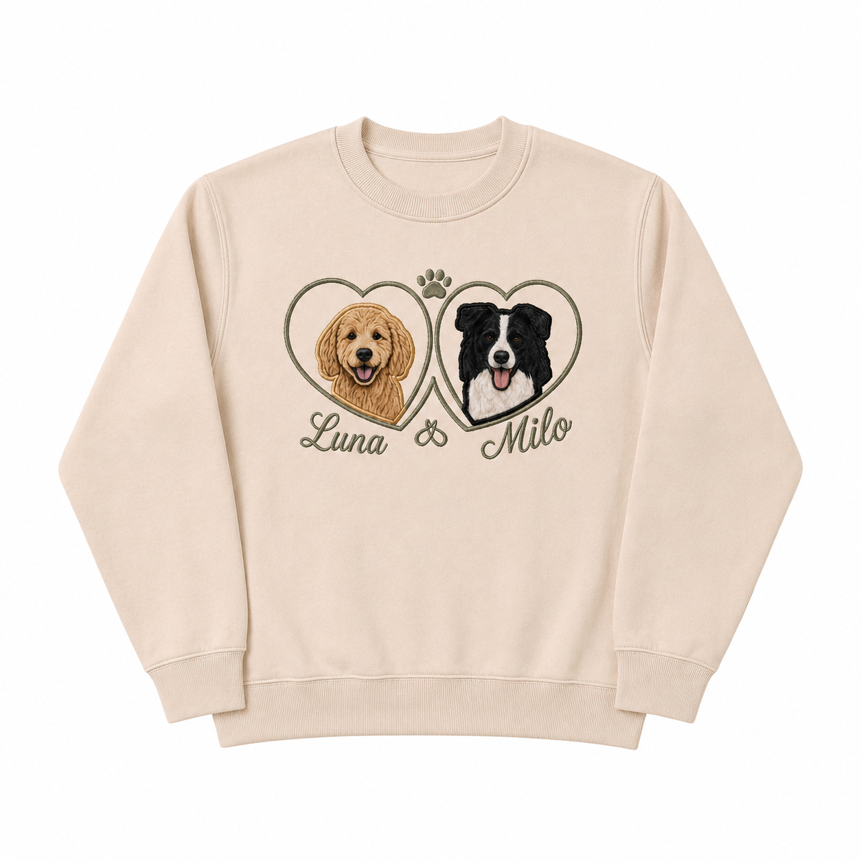Custom Two Pet Applique Embroidered Sweatshirt | Personalized Dog Names Double Heart Portrait Crewneck