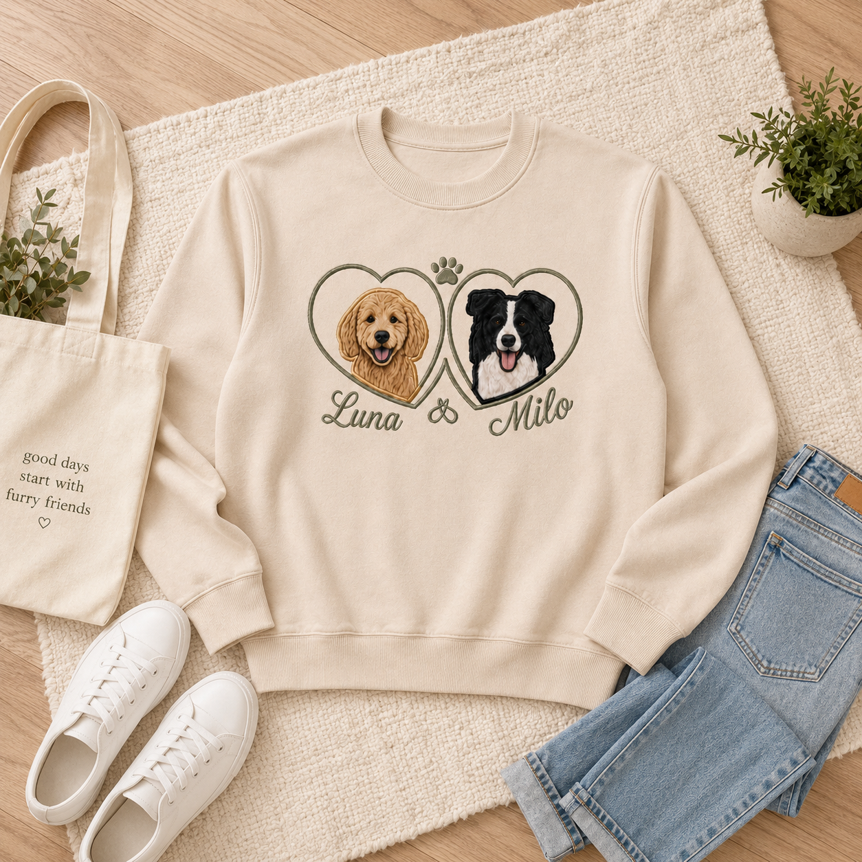 Custom Two Pet Applique Embroidered Sweatshirt | Personalized Dog Names Double Heart Portrait Crewneck
