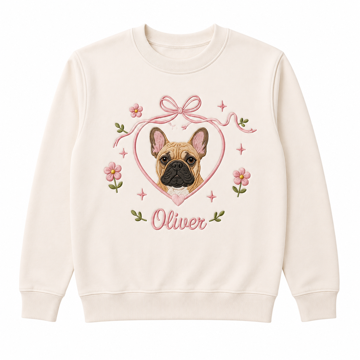 Custom French Bulldog Applique Embroidered Sweatshirt | Personalized Dog Name Coquette Bow Heart Floral Crewneck