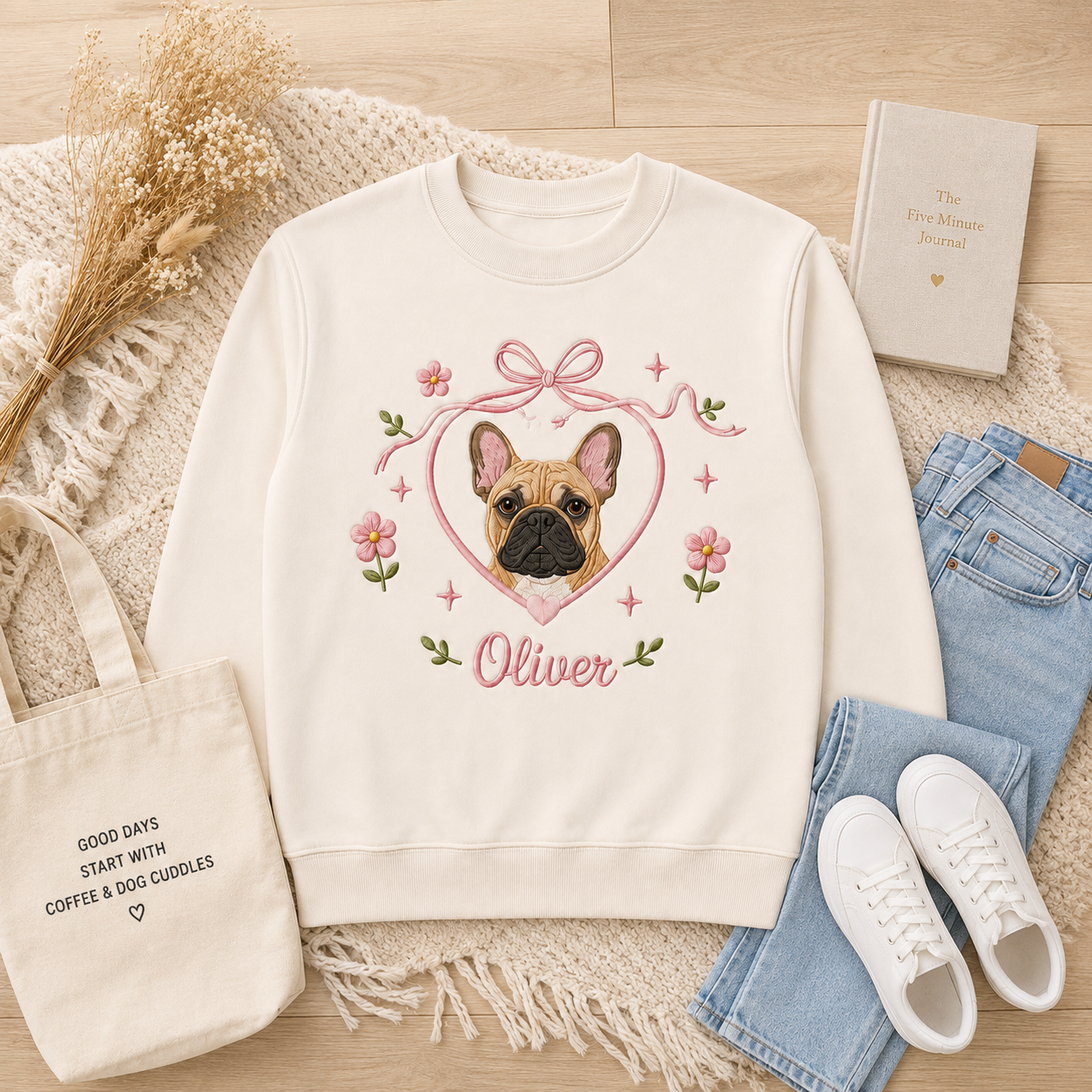 Custom French Bulldog Applique Embroidered Sweatshirt | Personalized Dog Name Coquette Bow Heart Floral Crewneck