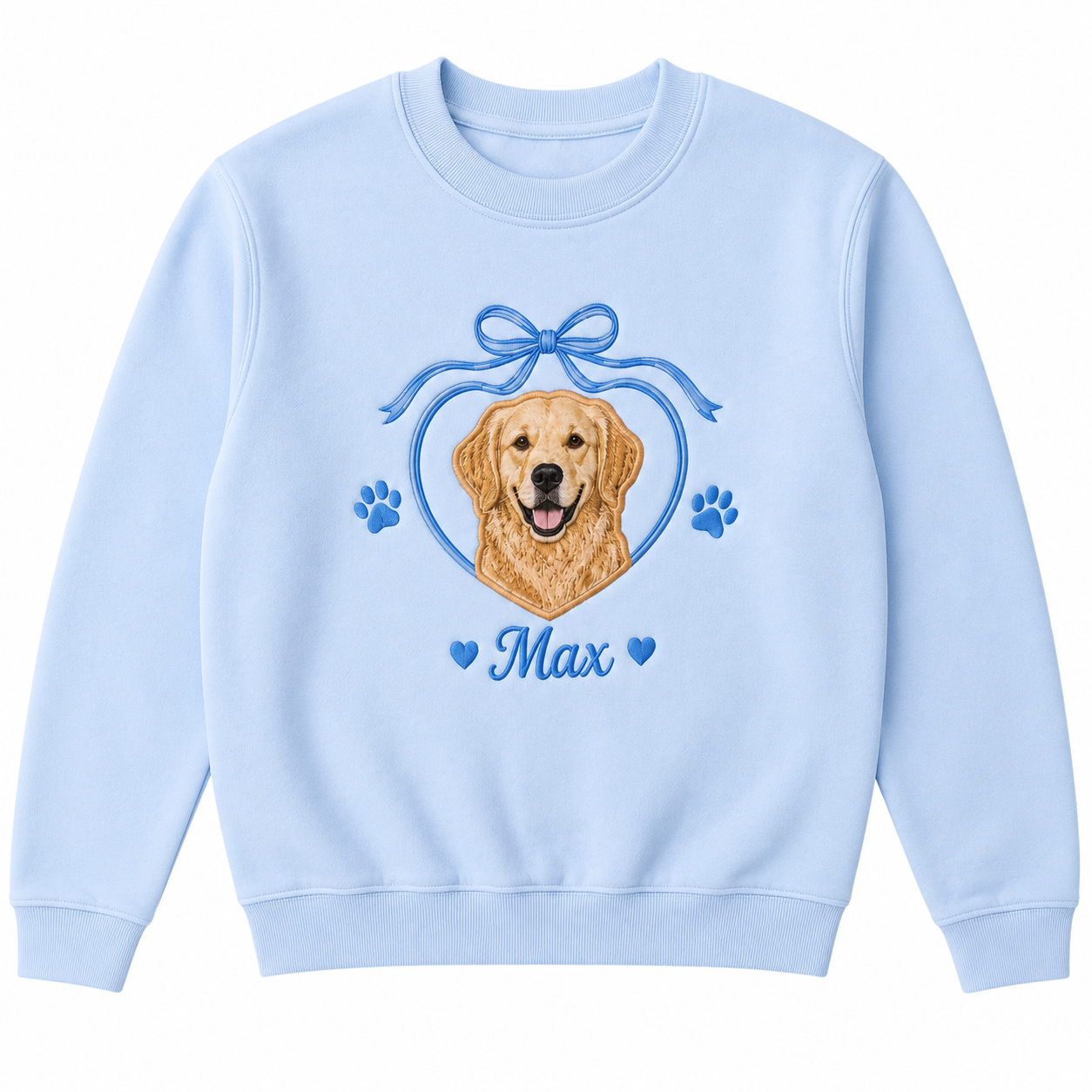 Custom Golden Retriever Applique Embroidered Sweatshirt | Personalized Dog Name Blue Bow Heart Paw Print Crewneck
