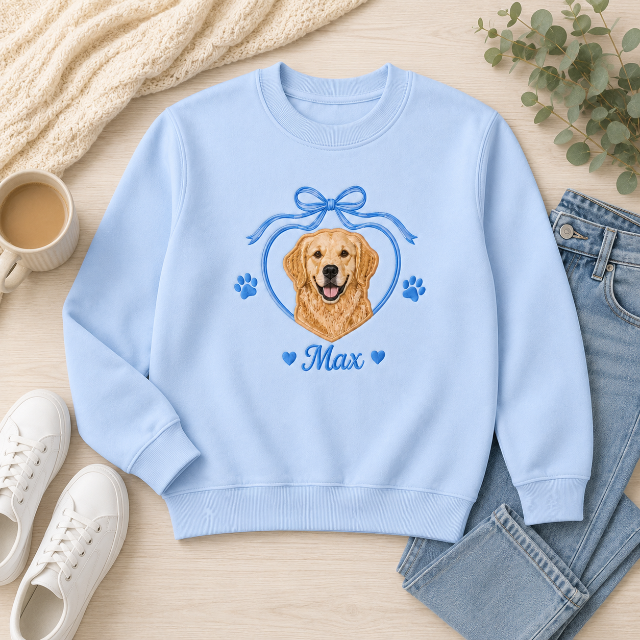 Custom Golden Retriever Applique Embroidered Sweatshirt | Personalized Dog Name Blue Bow Heart Paw Print Crewneck