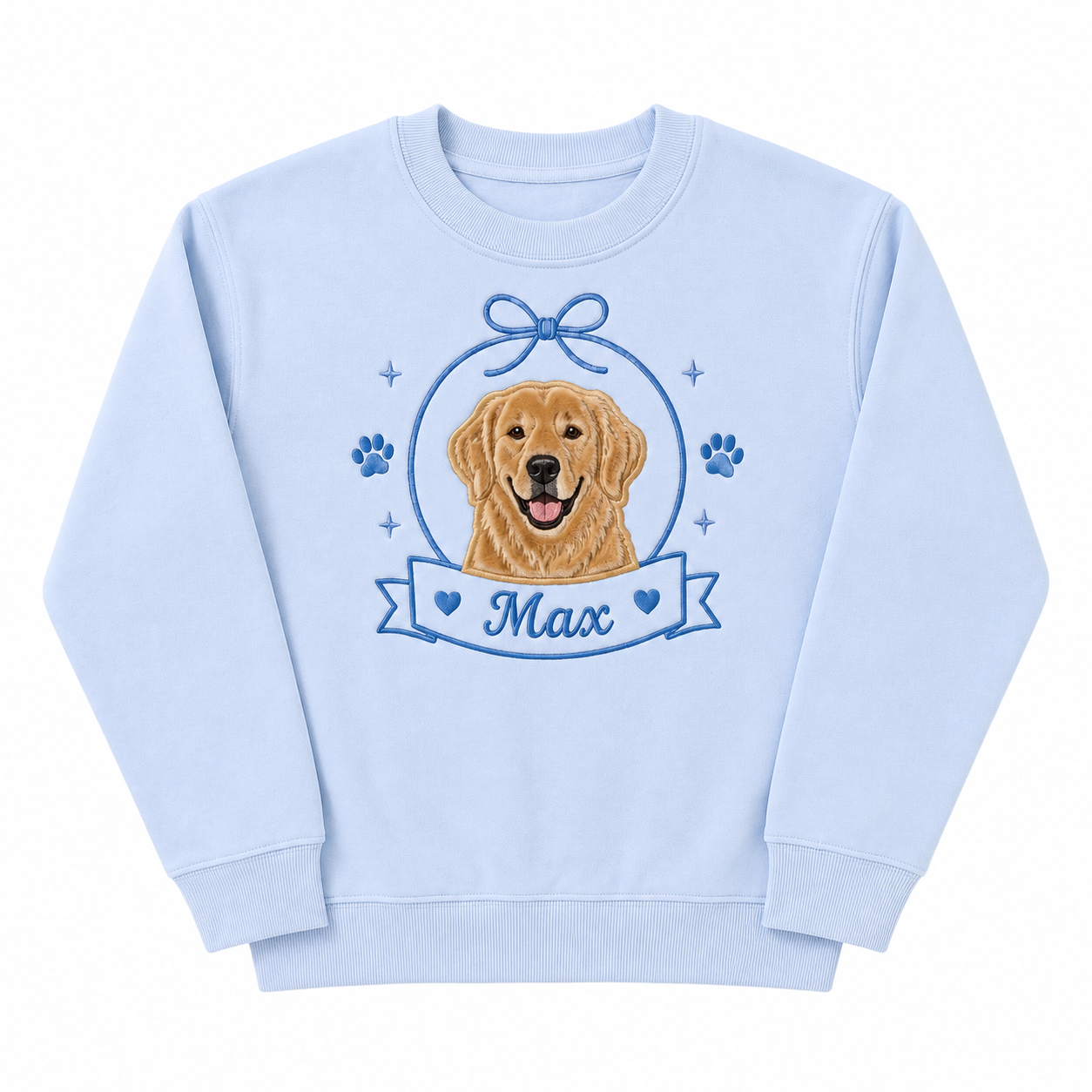 Custom Golden Retriever Applique Embroidered Sweatshirt | Personalized Dog Name Banner Crest Bow Crewneck