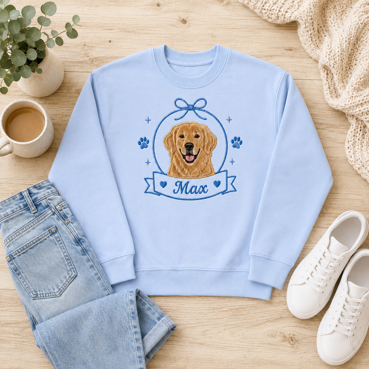 Custom Golden Retriever Applique Embroidered Sweatshirt | Personalized Dog Name Banner Crest Bow Crewneck