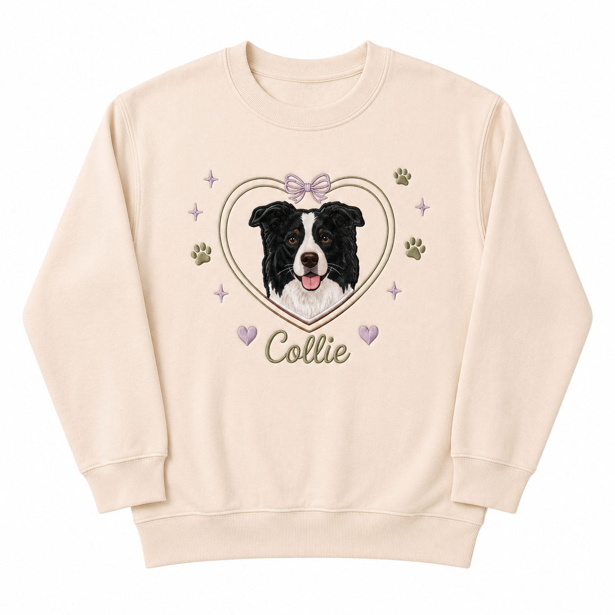 Custom Border Collie Applique Embroidered Sweatshirt | Personalized Dog Name Double Heart Lilac Bow Crewneck
