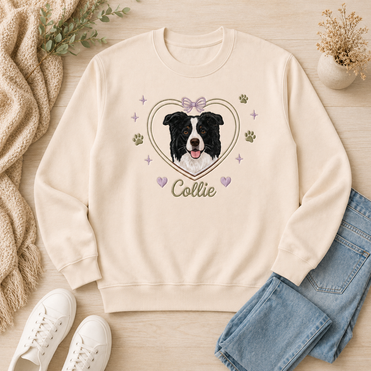 Custom Border Collie Applique Embroidered Sweatshirt | Personalized Dog Name Double Heart Lilac Bow Crewneck