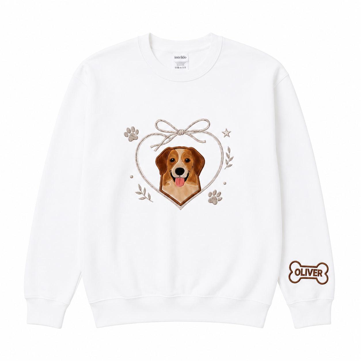 Custom Dog Applique Embroidered Sweatshirt | Personalized Pet Portrait Heart Bow with Name Bone Sleeve Patch