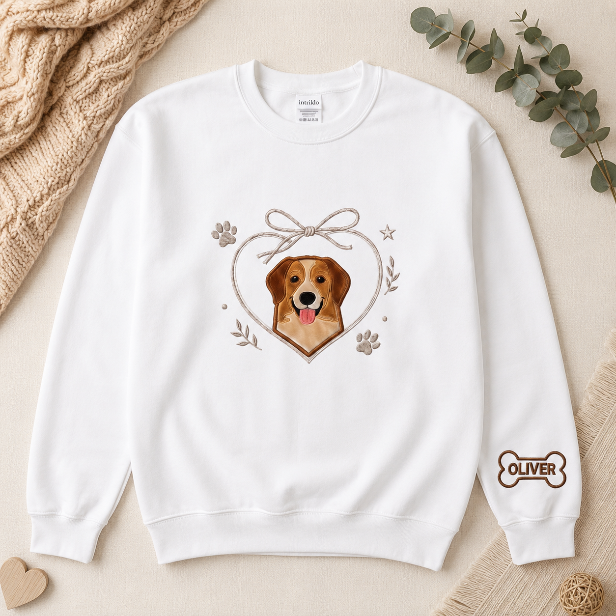 Custom Dog Applique Embroidered Sweatshirt | Personalized Pet Portrait Heart Bow with Name Bone Sleeve Patch