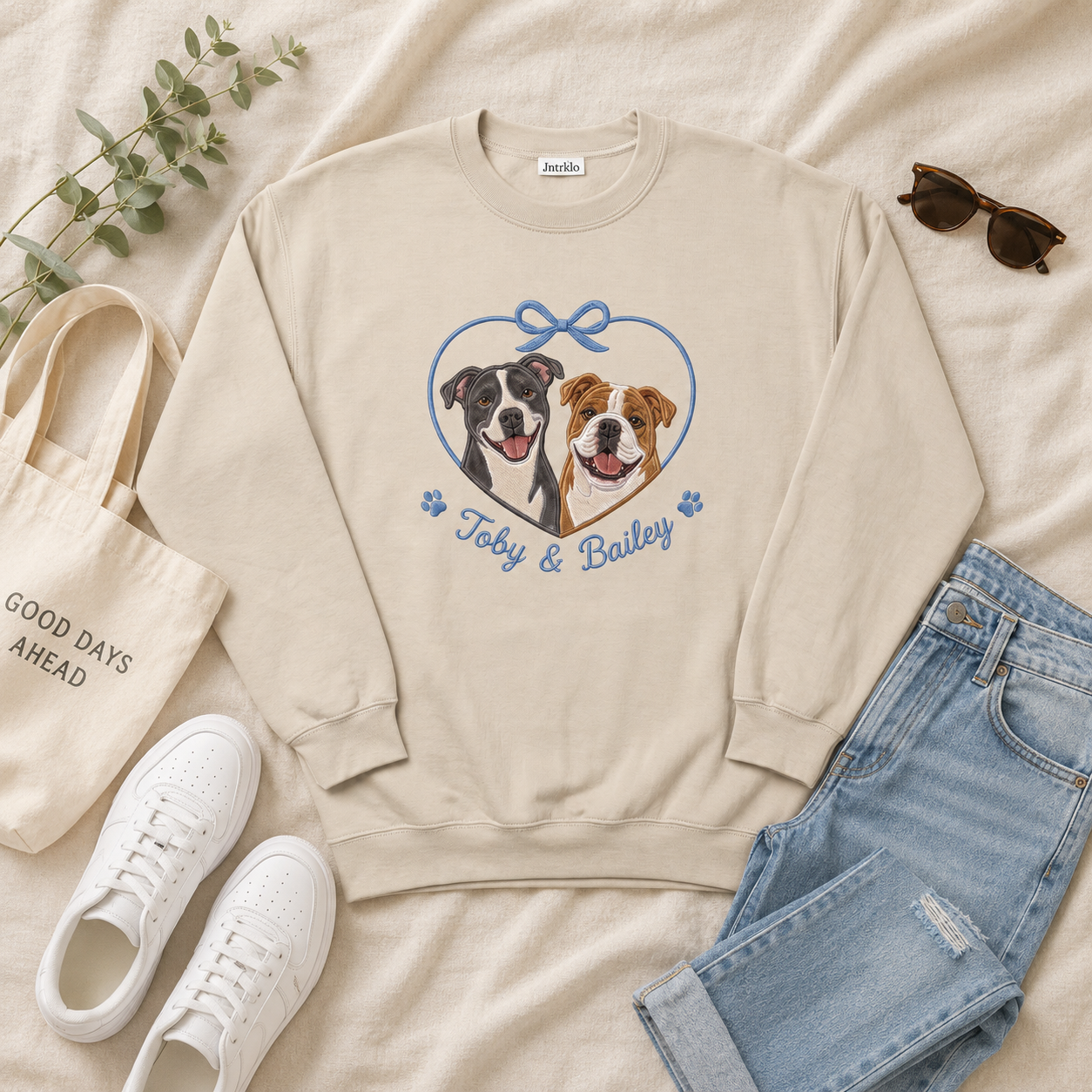 Custom Two Dog Applique Embroidered Sweatshirt | Personalized Pet Names Blue Heart Bow Portrait Crewneck