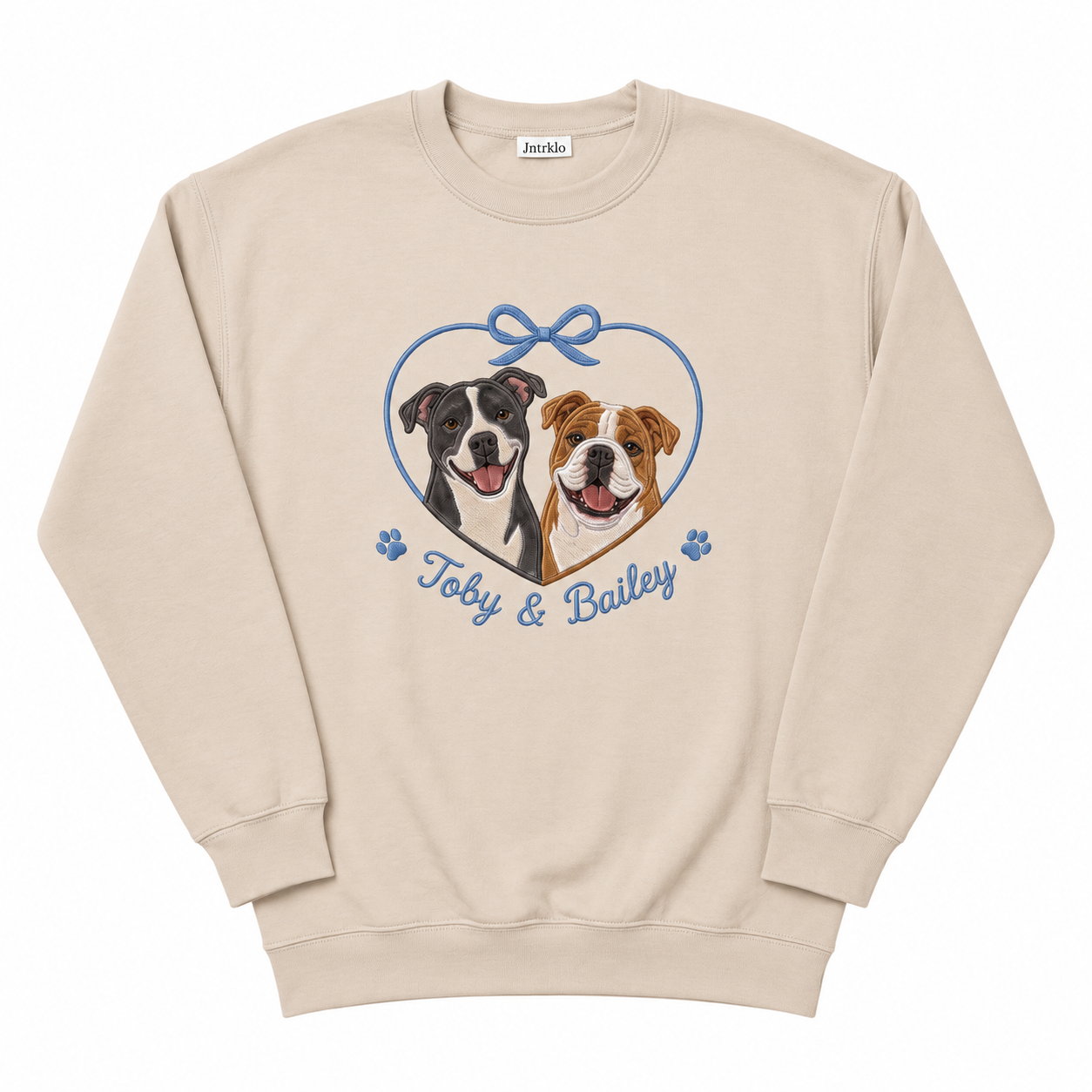Custom Two Dog Applique Embroidered Sweatshirt | Personalized Pet Names Blue Heart Bow Portrait Crewneck