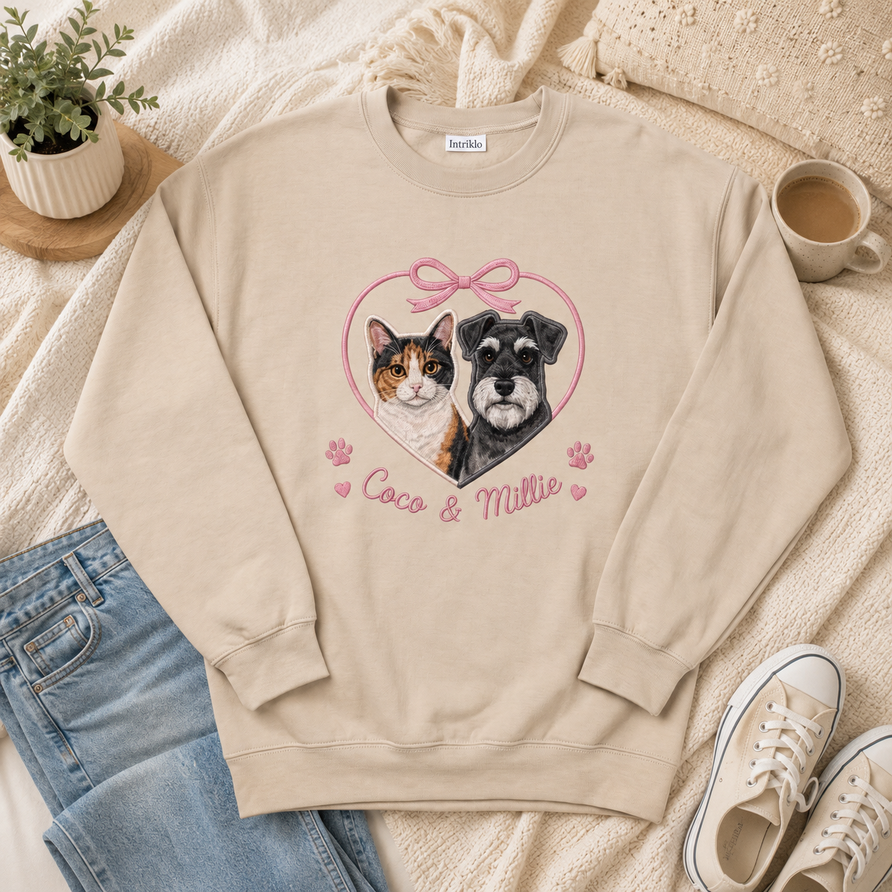 Custom Cat and Dog Applique Embroidered Sweatshirt | Personalized Two Pet Names Pink Heart Bow Crewneck