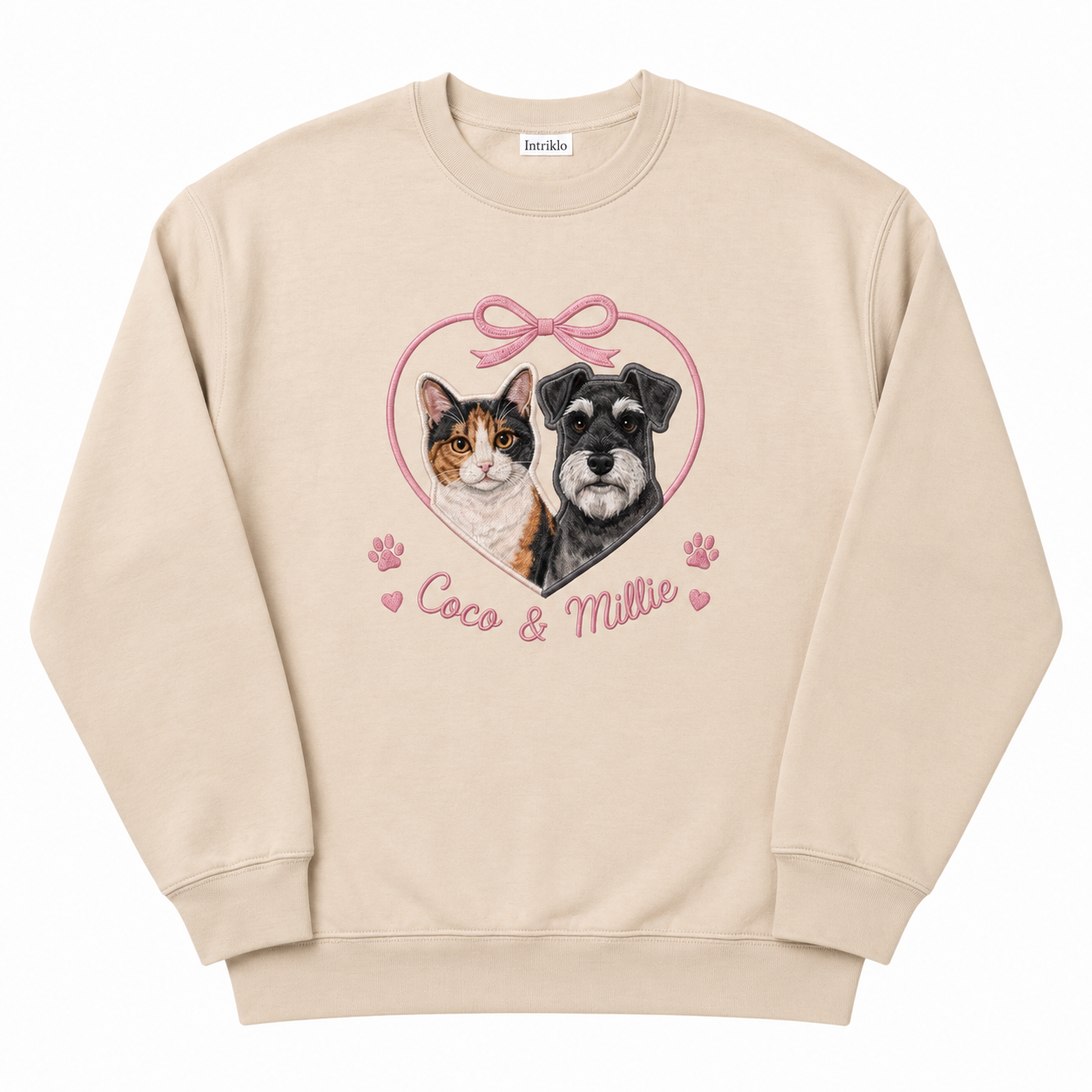 Custom Cat and Dog Applique Embroidered Sweatshirt | Personalized Two Pet Names Pink Heart Bow Crewneck