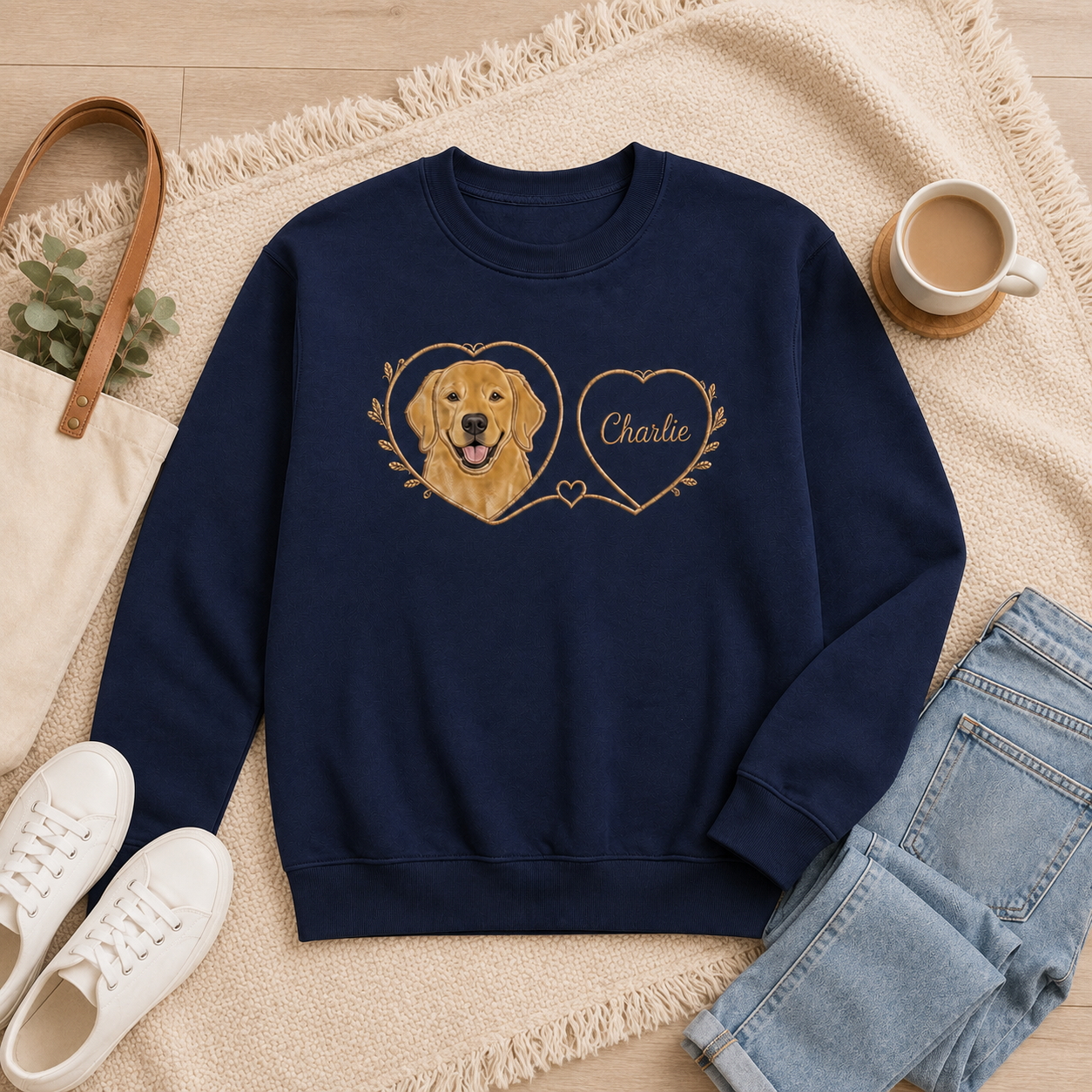 Custom Golden Retriever Applique Embroidered Sweatshirt | Personalized Dog Name Heart Wreath Navy Crewneck