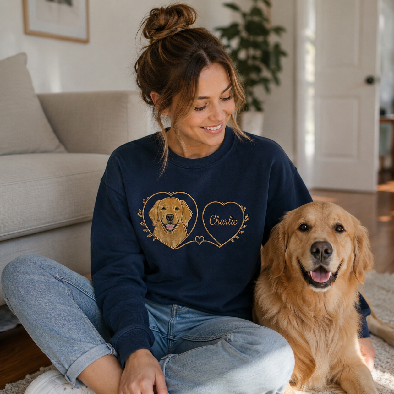 Custom Golden Retriever Applique Embroidered Sweatshirt | Personalized Dog Name Heart Wreath Navy Crewneck