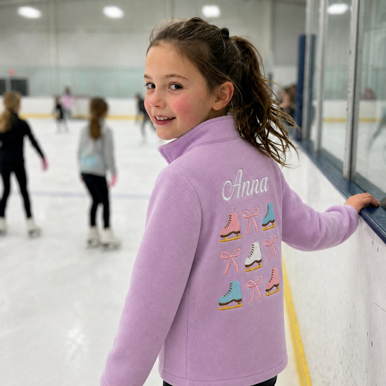 Custom Kids Ice Skate Collage Fleece Jacket | Personalized Name Embroidered Skates & Bows Lilac Zip-Up