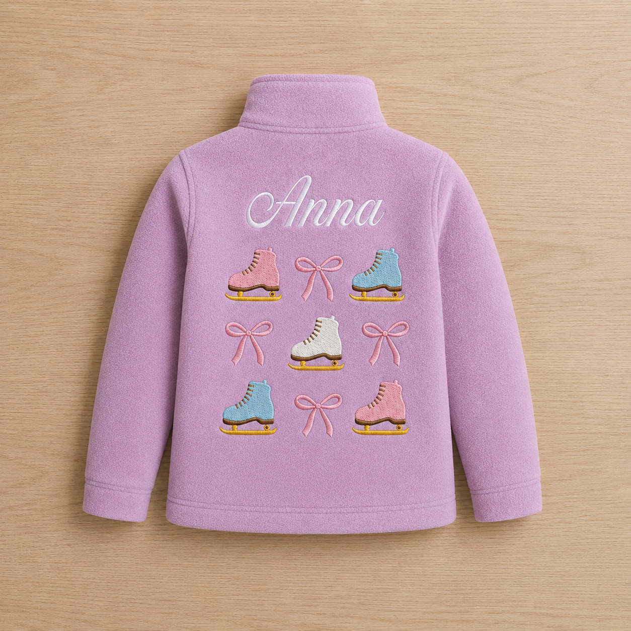 Custom Kids Ice Skate Collage Fleece Jacket | Personalized Name Embroidered Skates & Bows Lilac Zip-Up