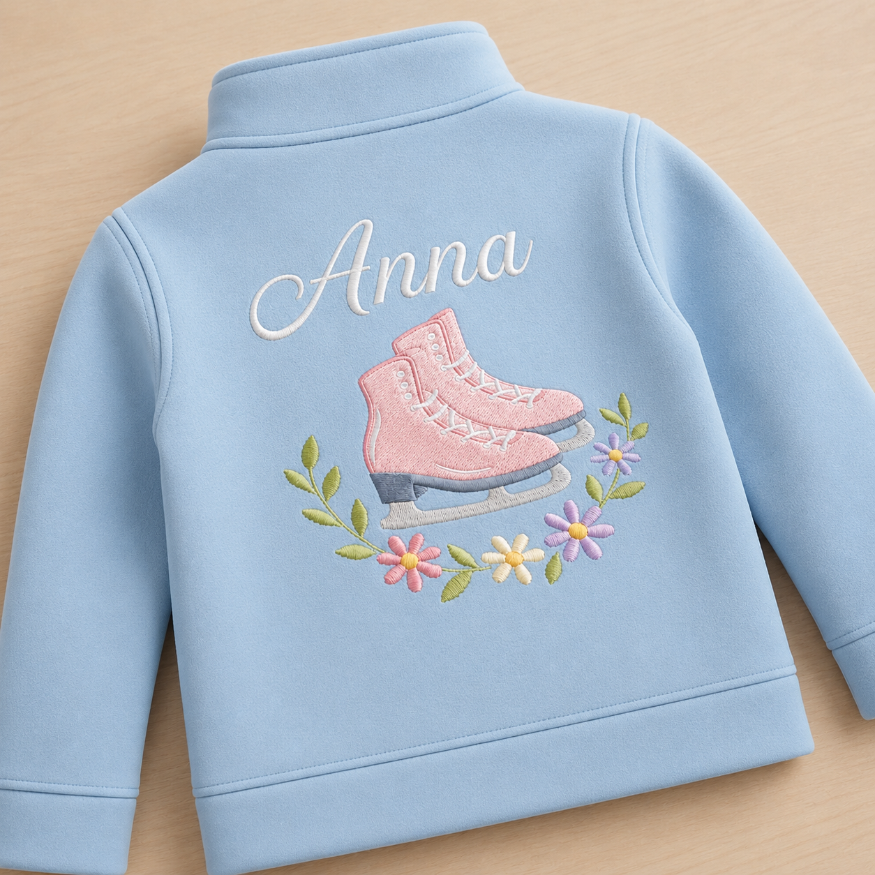 Personalized Kids Figure Skating Fleece Jacket | Custom Name Embroidered Pink Skates Floral Wreath Zip-Up