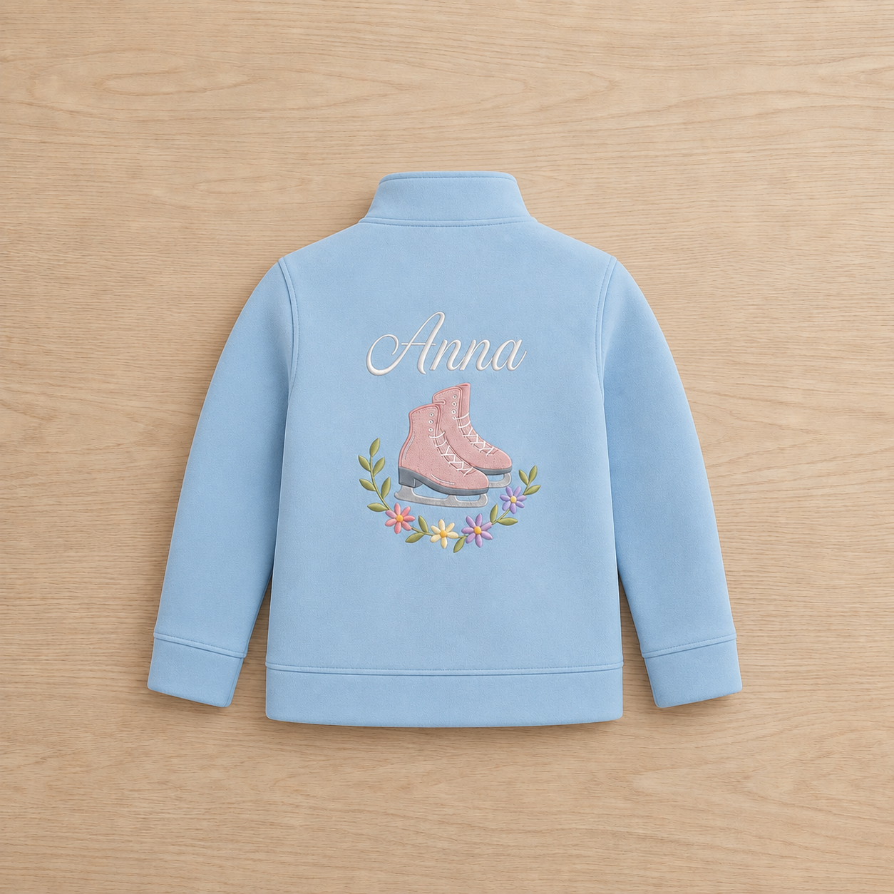 Personalized Kids Figure Skating Fleece Jacket | Custom Name Embroidered Pink Skates Floral Wreath Zip-Up