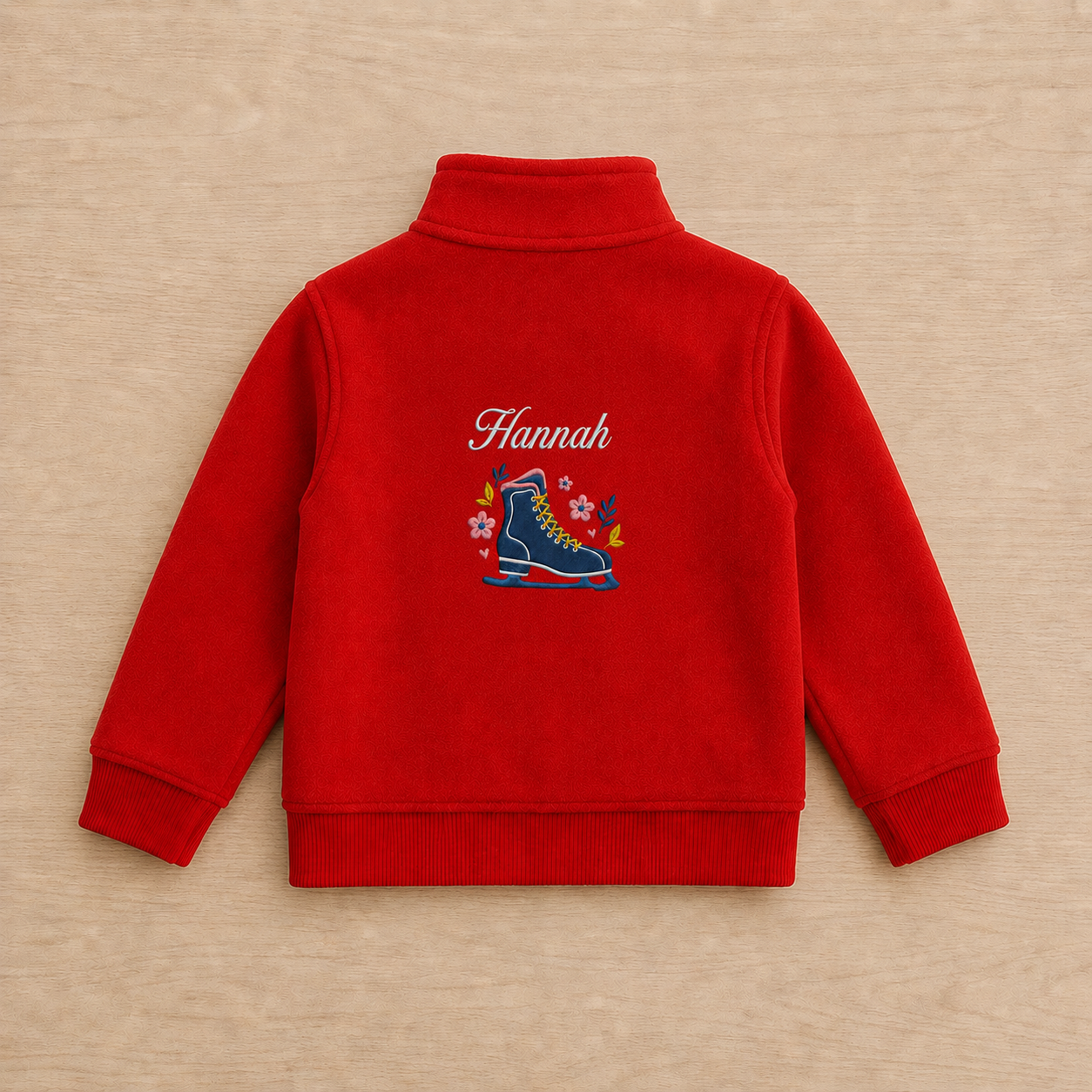 Custom Kids Ice Skating Fleece Jacket | Personalized Name Embroidered Blue Skate Floral Red Zip-Up