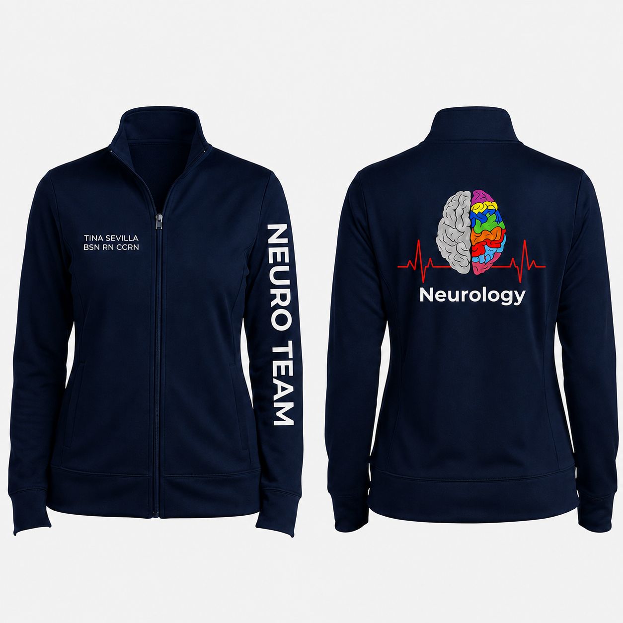 Custom Neurology Fleece Jacket | Personalized Colorful Brain Heartbeat Zip-Up