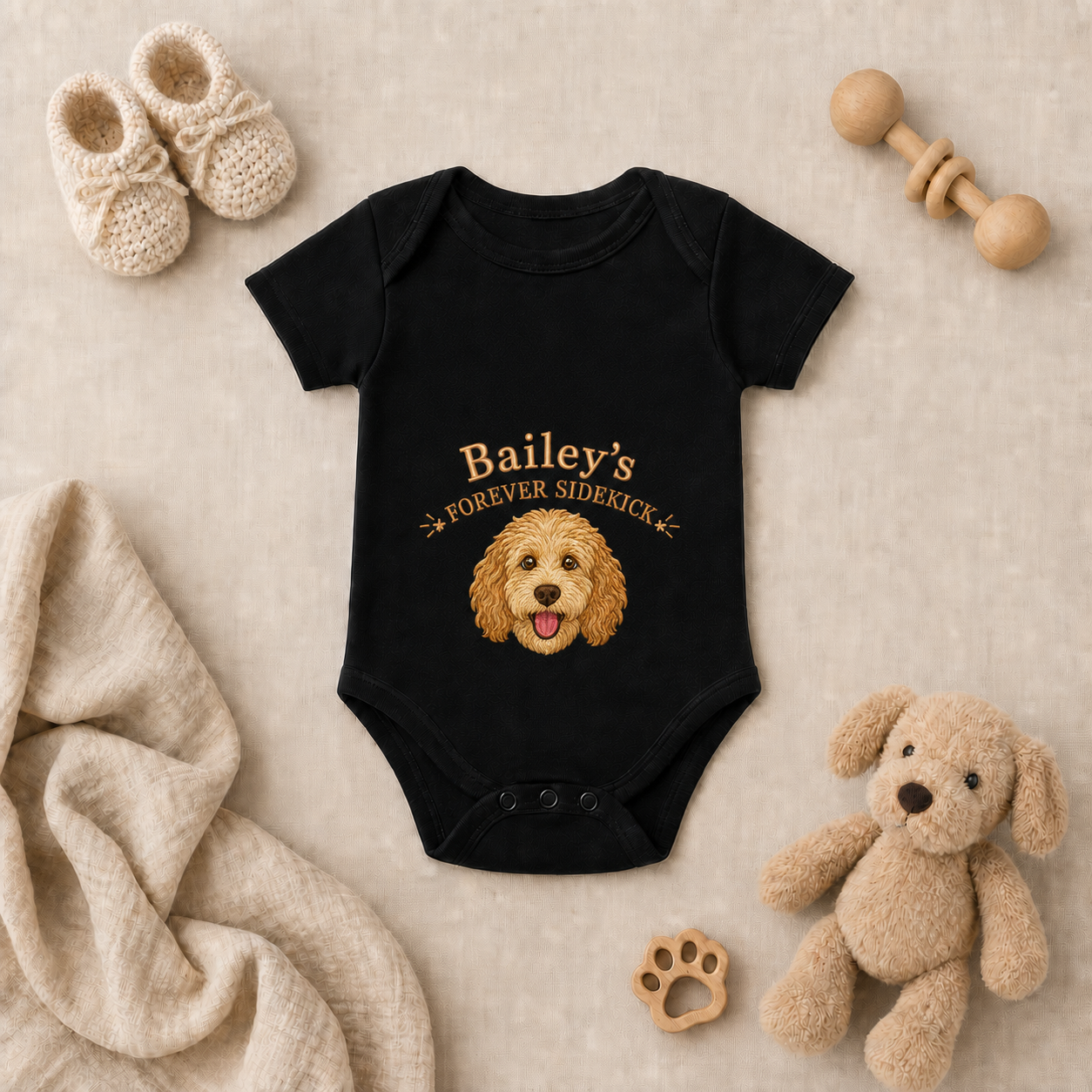 Custom Embroidered Goldendoodle Baby Onesie | Personalized Dog Name Bodysuit, Forever Sidekick Black Baby Gift