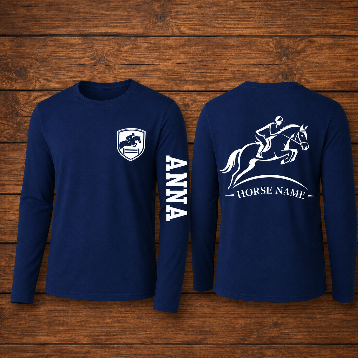Custom Horse Jumping Long Sleeve Shirt | Personalized Sleeve Rider Name Horse Name Equestrian Tee