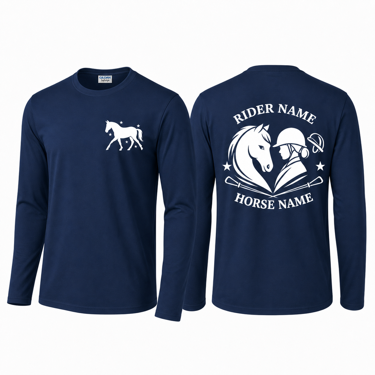 Personalized Horse & Rider Long Sleeve Tee | Custom Rider Horse Name Equestrian Printed Shirt