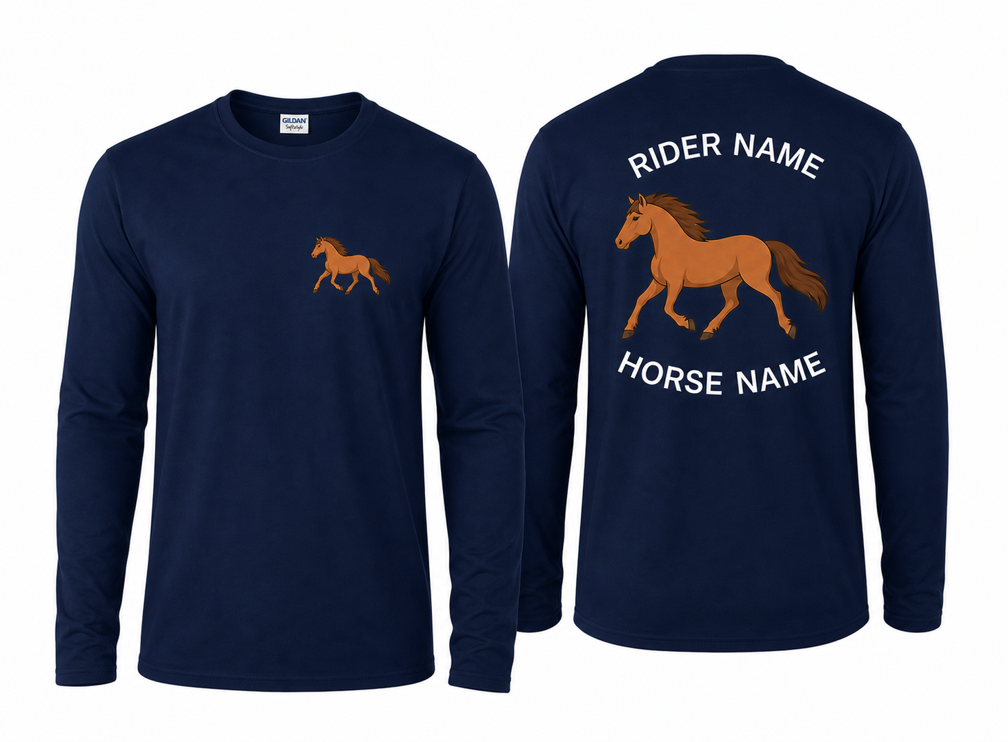 Custom Galloping Horse Long Sleeve Shirt | Personalized Rider & Horse Name Equestrian Tee