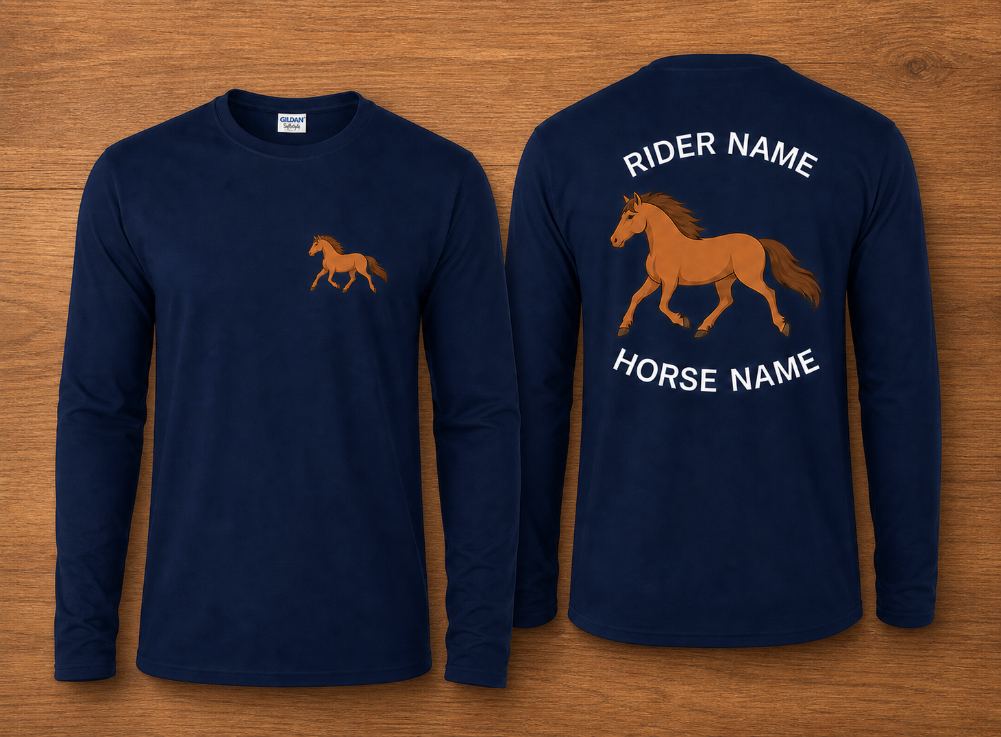 Custom Galloping Horse Long Sleeve Shirt | Personalized Rider & Horse Name Equestrian Tee