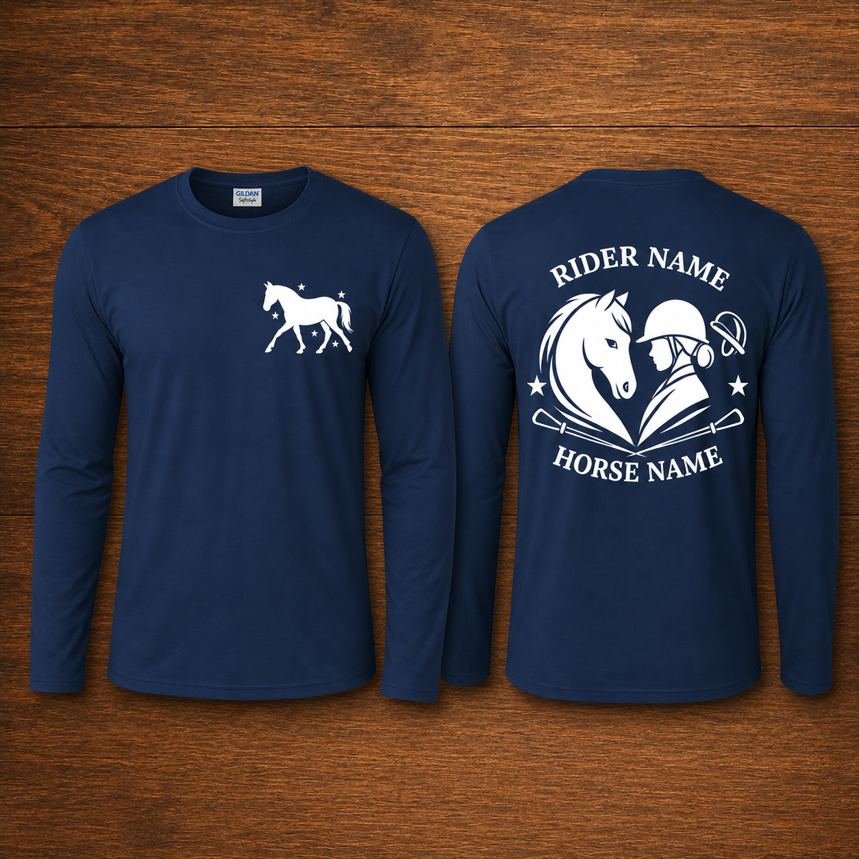 Personalized Horse & Rider Long Sleeve Tee | Custom Rider Horse Name Equestrian Printed Shirt