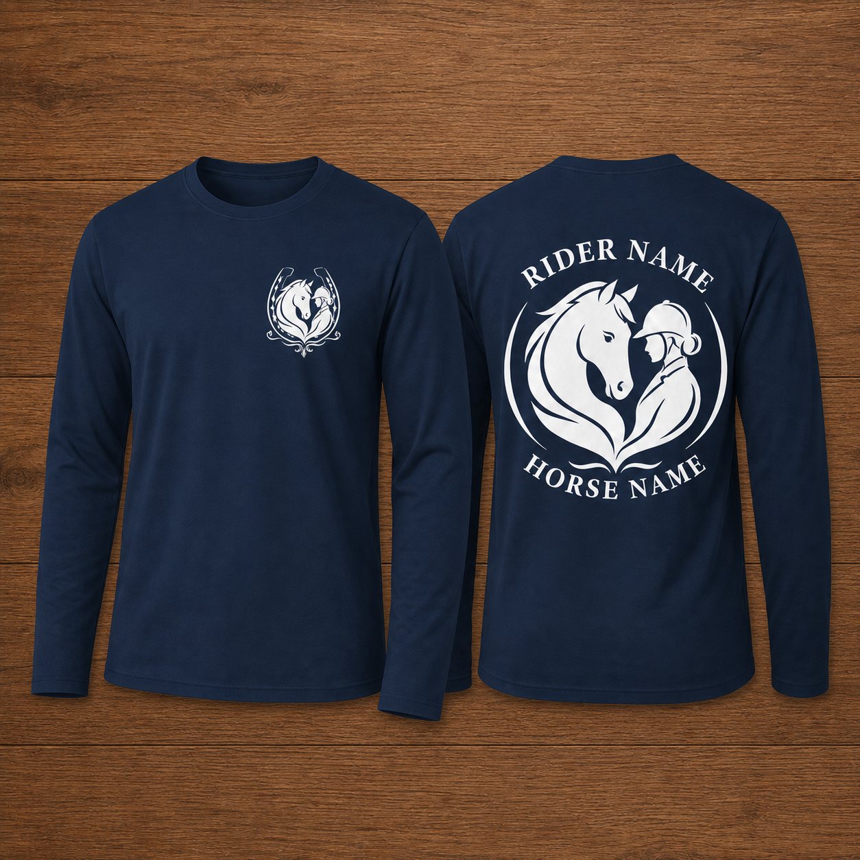 Custom Horse & Rider Long Sleeve Shirt | Personalized Equestrian Rider Horse Name Printed Tee