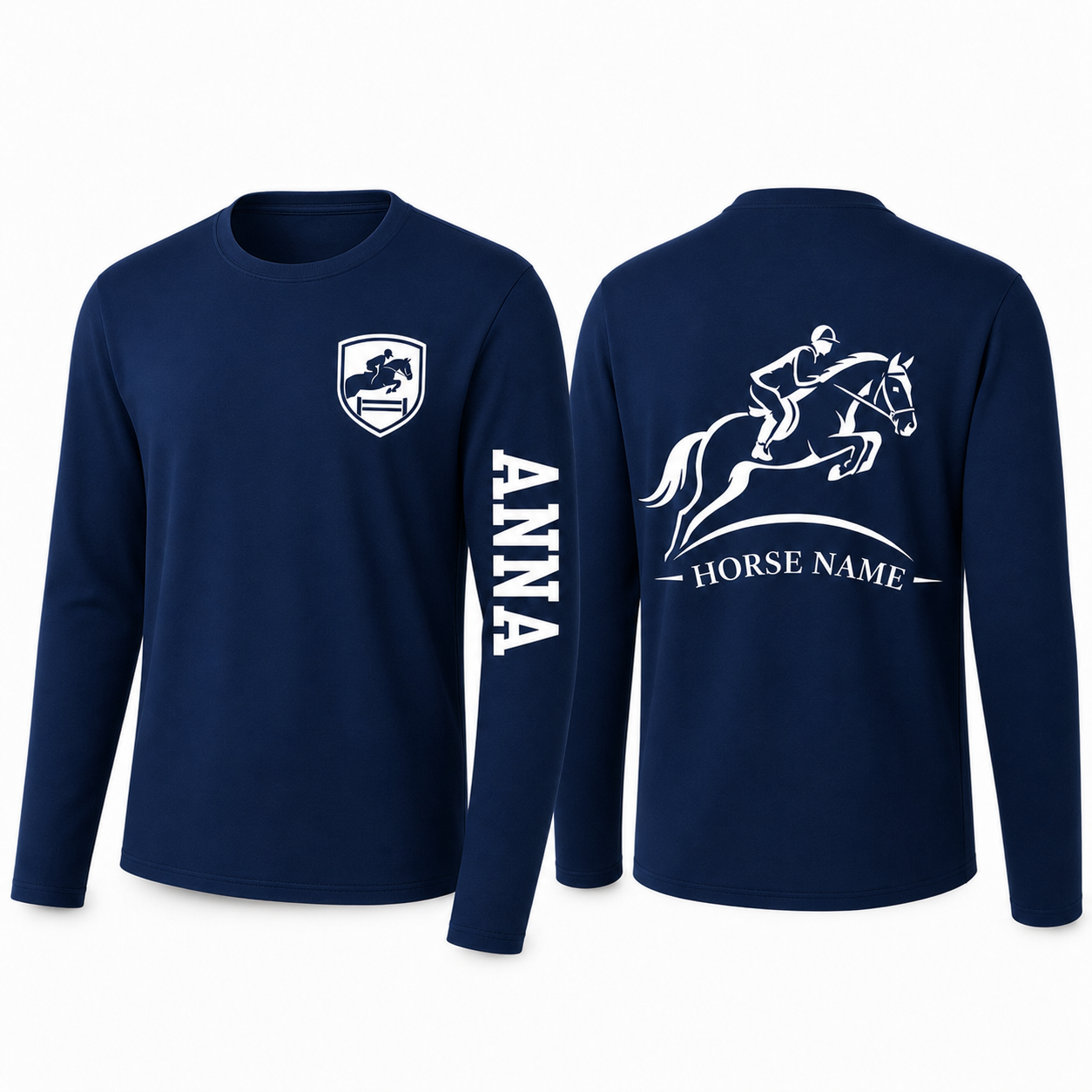 Custom Horse Jumping Long Sleeve Shirt | Personalized Sleeve Rider Name Horse Name Equestrian Tee