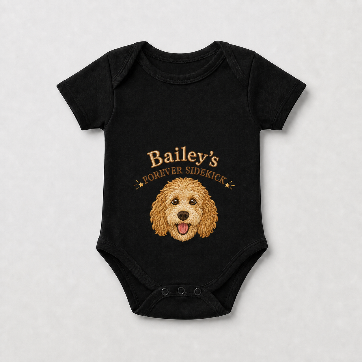 Custom Embroidered Goldendoodle Baby Onesie | Personalized Dog Name Bodysuit, Forever Sidekick Black Baby Gift