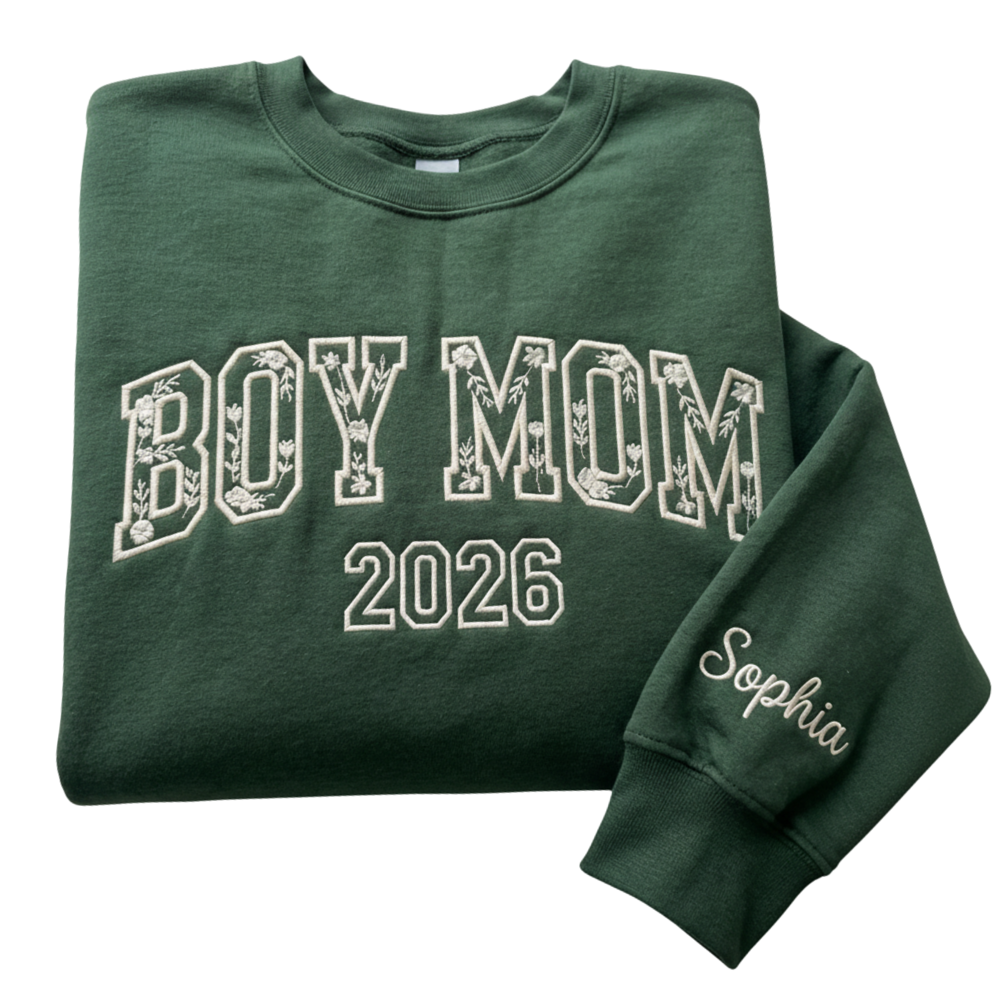 Personalized Boy Mom Floral Varsity Embroidered Sweatshirt with Sons Names | Boy Mom Gift
