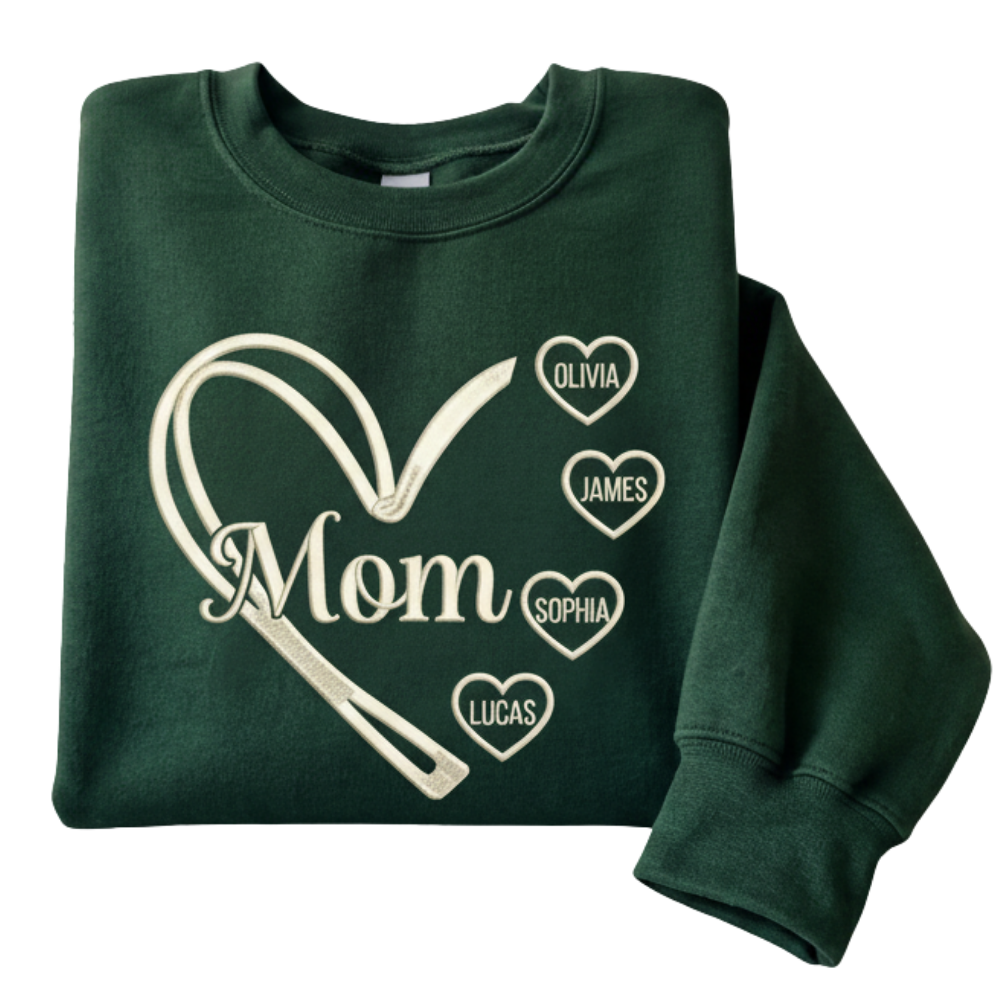 Custom Mom Heart with Kids Names Embroidered Sweatshirt | Mother's Day Heart Mom Gift