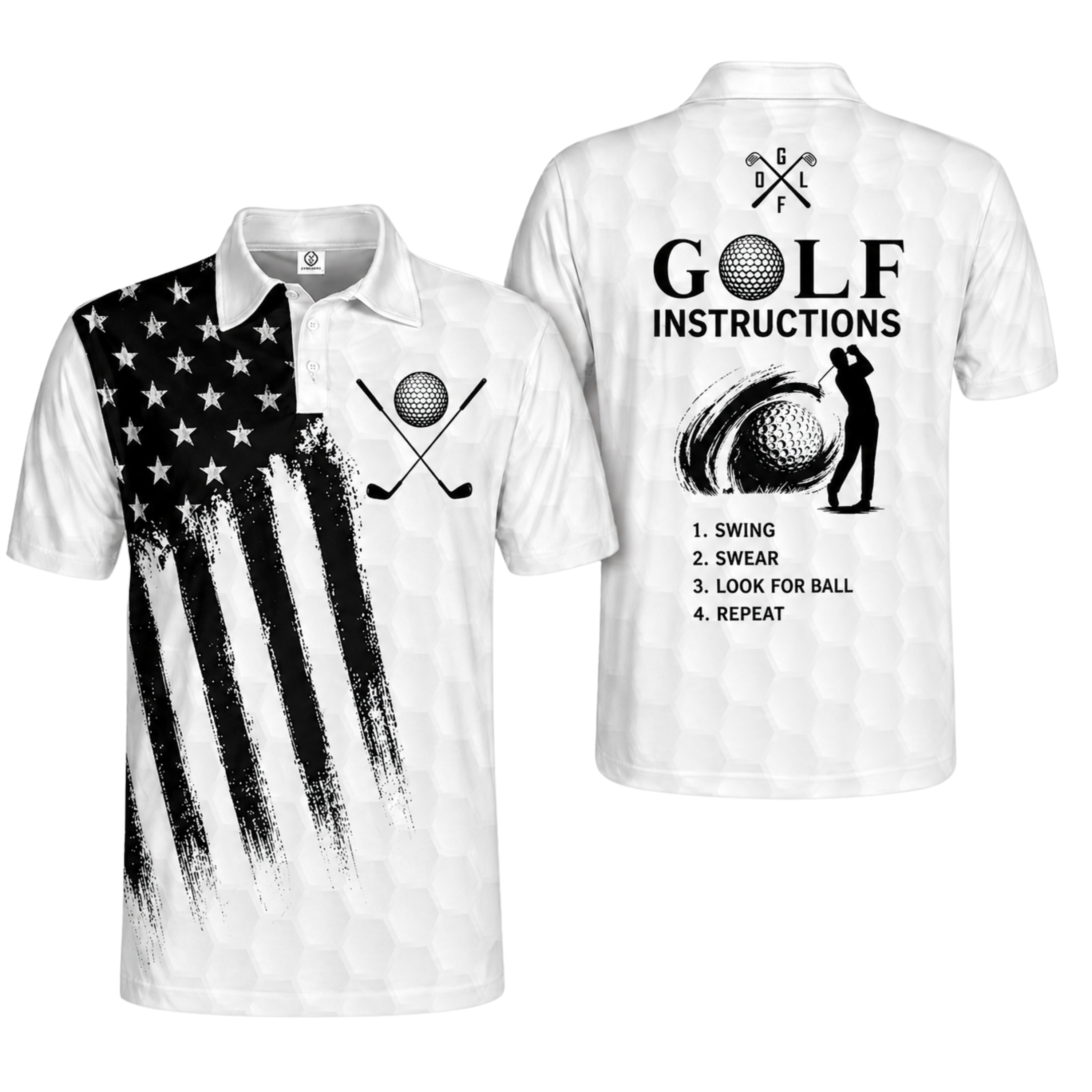 Custom 3D Polo Shirt Golf Instructions Swing Swear Look For Ball Repeat – Personalized Funny White Black Polo