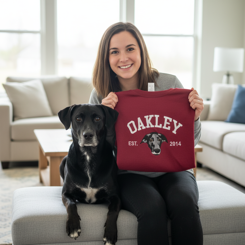 Custom Dog Embroidered Sweatshirt – Personalized Pet Portrait & Name Gift