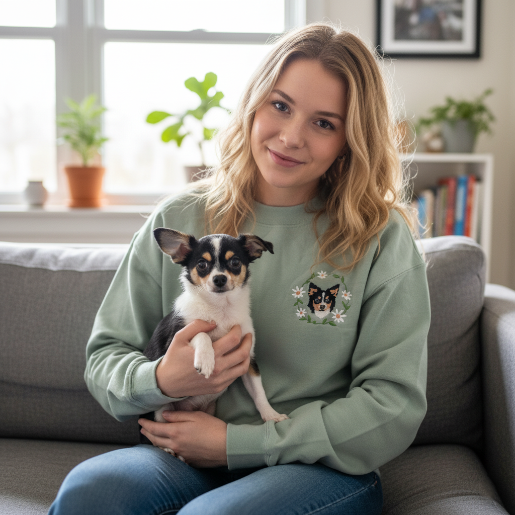 Custom Embroidered Pet Sweatshirt Hoodie – Personalized Flower Dog or Cat Faces & Names