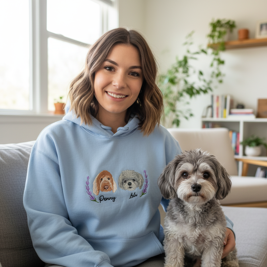 Custom Embroidered Pet Sweatshirt Hoodie – Personalized Flower Dog or Cat Faces & Names