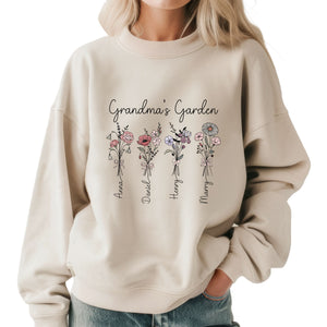 Personalized Grandma Birth Flower Kids Names Sweatshirt Hoodie - view 4, custom embroidered by Intriklo