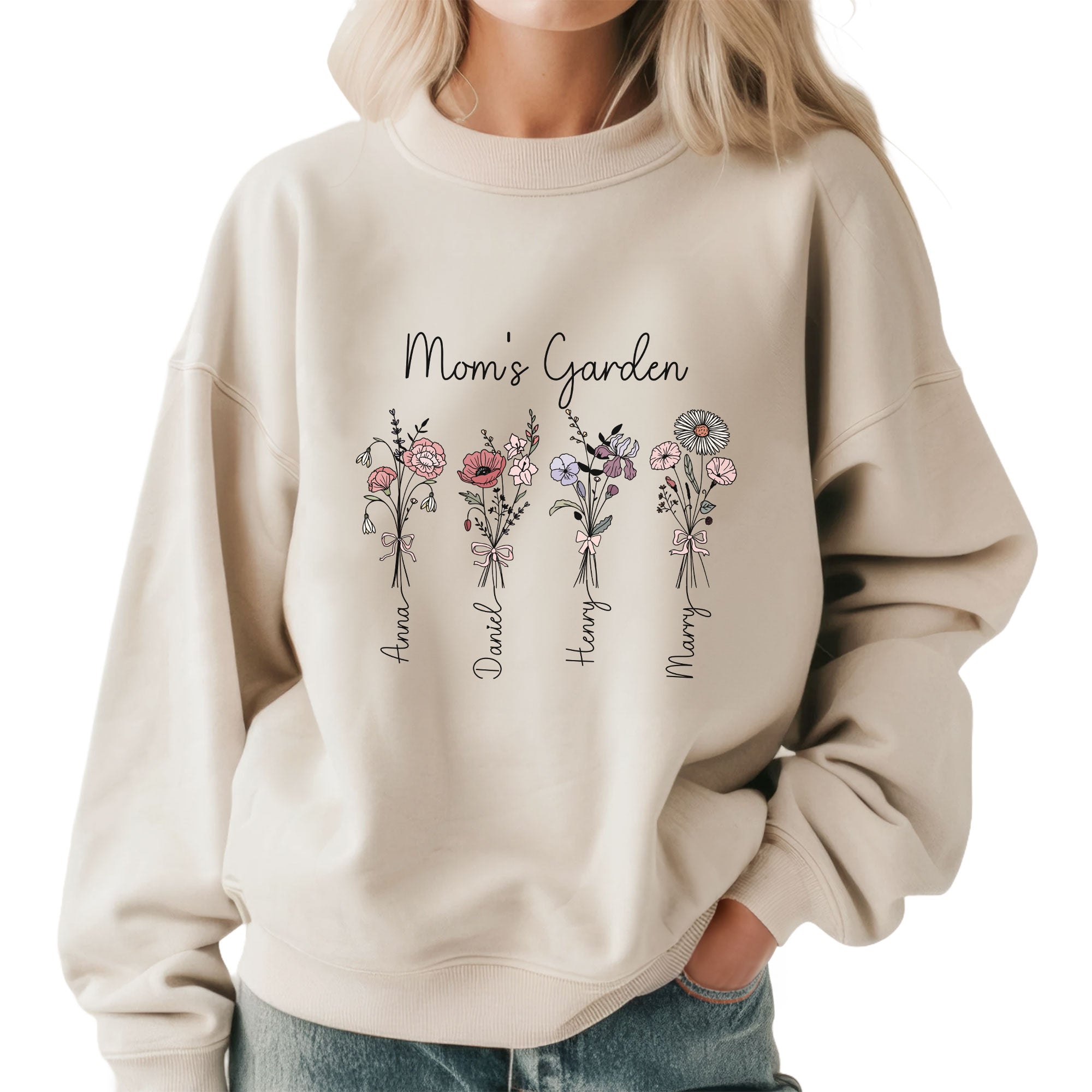 Custom Mom Birth Flower Kids Names Sweatshirt Hoodie - detail view, custom embroidered by Intriklo