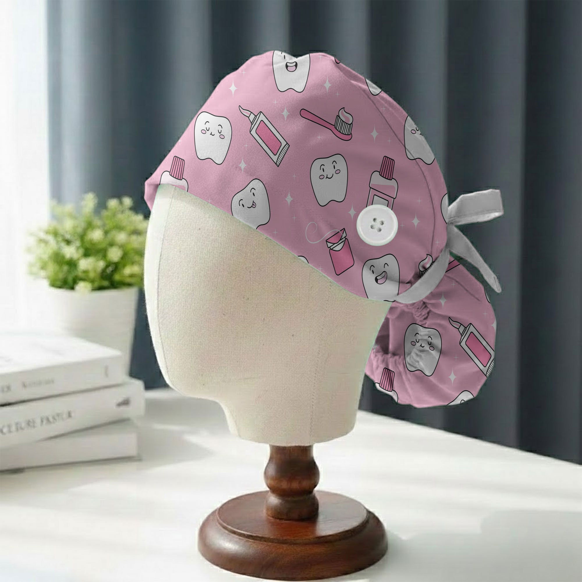 Pink Kawaii Tooth Toothbrush Printed Scrub Cap for Dentists