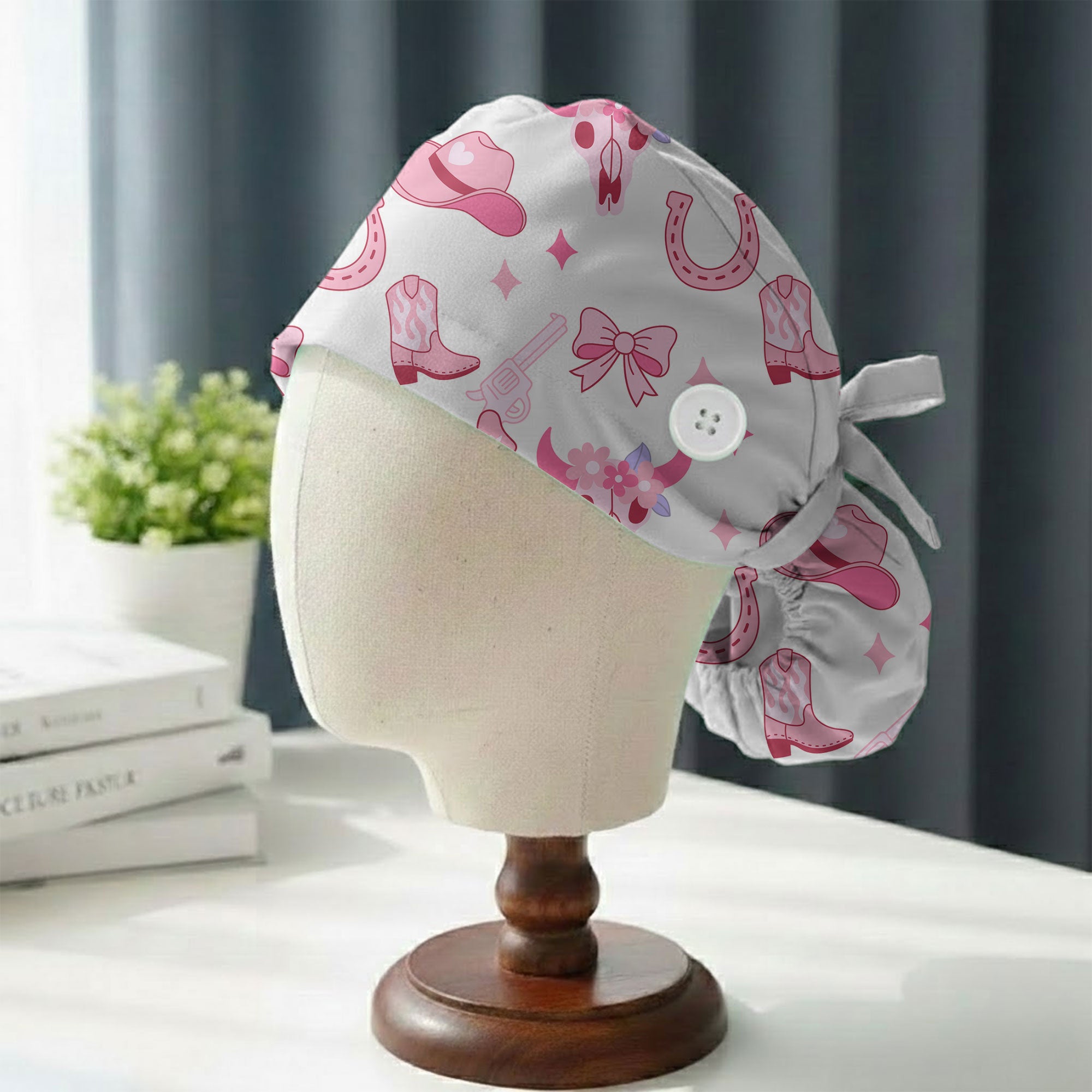 Pink Cowgirl Western Boot Printed Scrub Cap