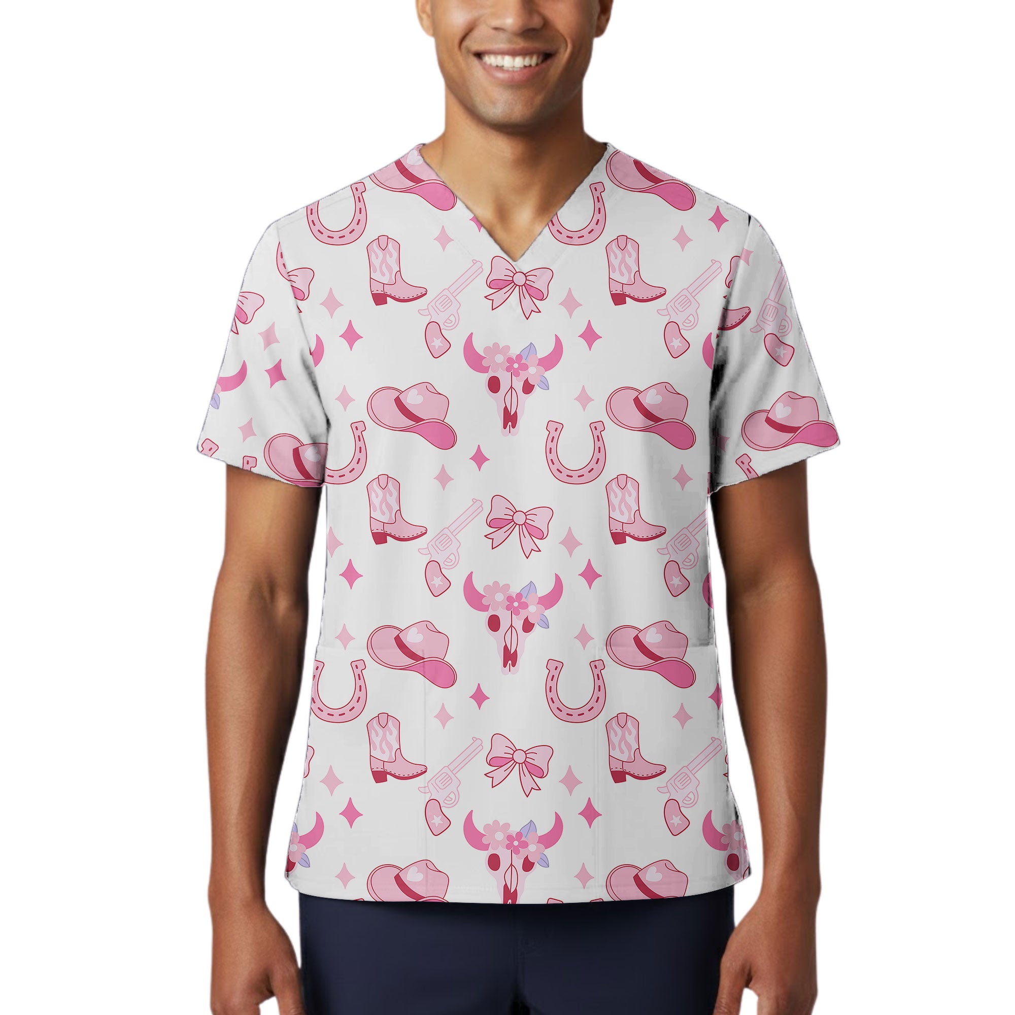 Pink Cowgirl Western Boot Printed Scrub Top