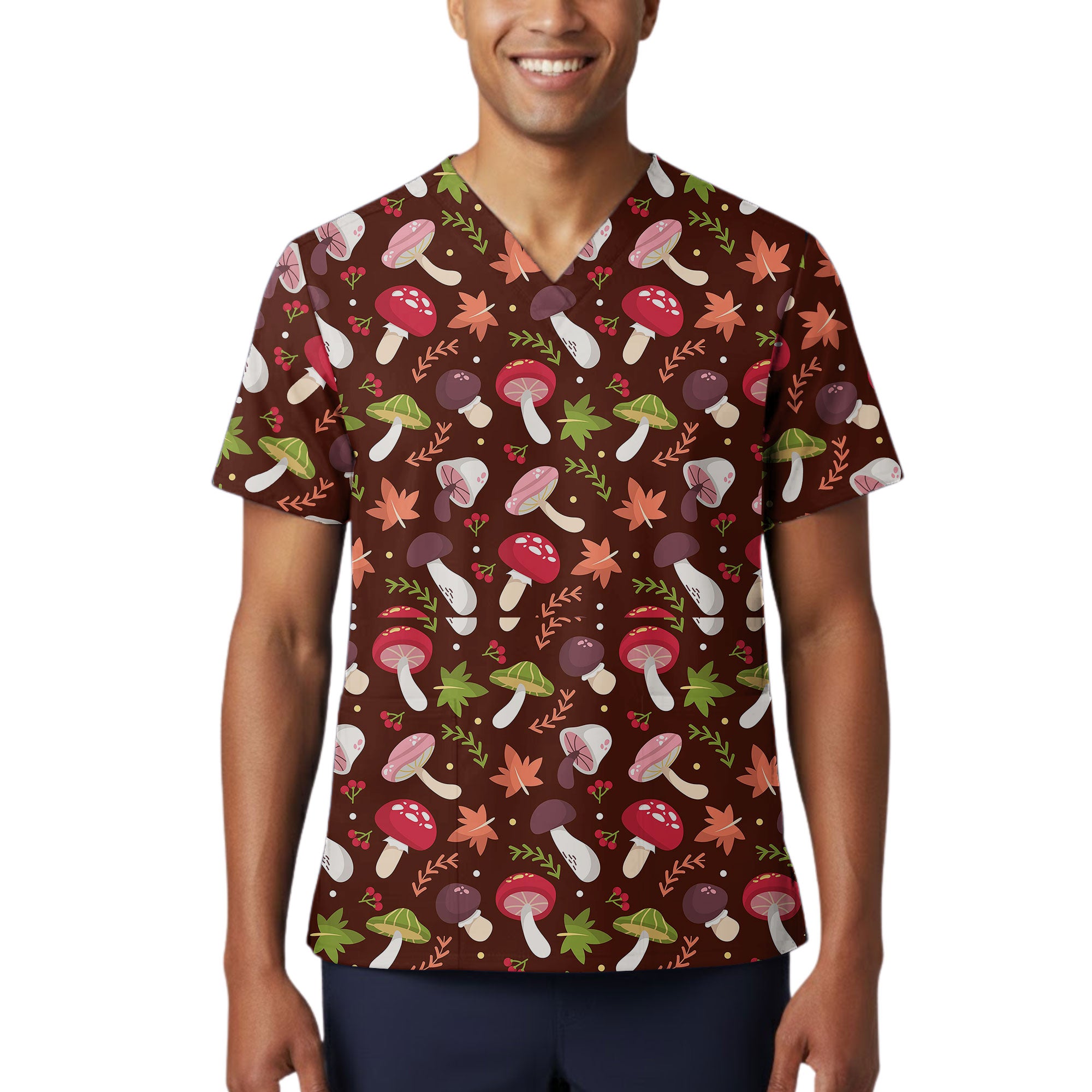 Autumn Mushroom Forest Printed Scrub Top for Nurses